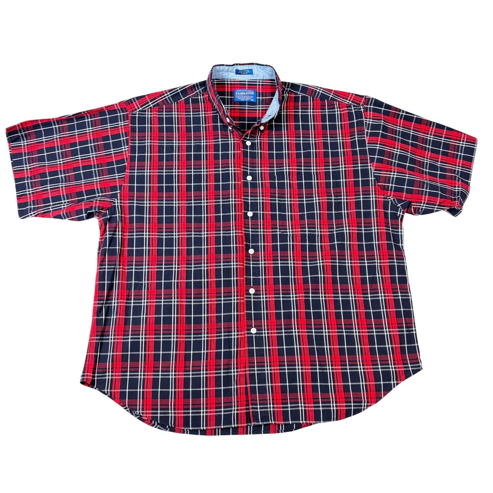 Pendleton Button Down Shirt Mens XL Red Navy Plaid‎ Short Sleeve Cotton Pocket
